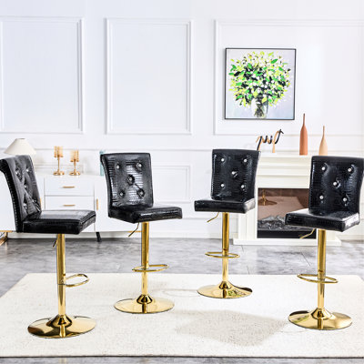 Black Vintage Crocodile - Inspired Leather Lift Bar Chairs  pair  With Crystal Clasp Accent And Unique Design, Soft Comfortable High Density Seating, 300 Lbs Capacity, Water Surface, Hassle Assembly
