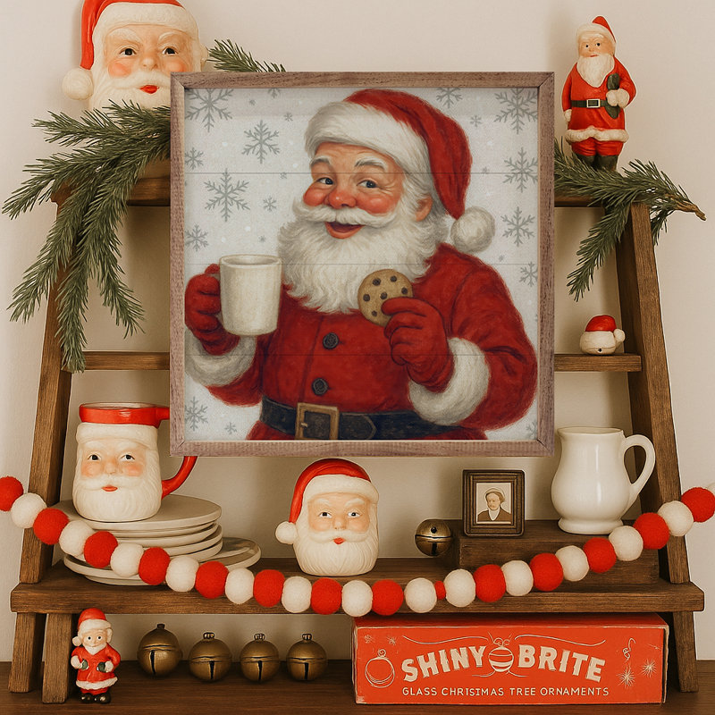 Père Noël rétro avec biscuits et lait, H 12 po x l 12 po