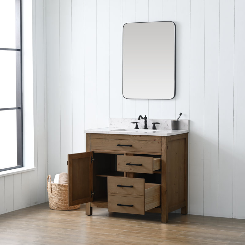 Ensemble de meuble-lavabo simple 36 po Ajiya, Naturel texturé / noir mat, Calcaire bleu
