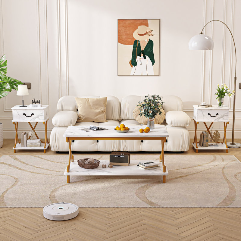 Ensemble de 3 tables basses Kempst, table basse blanche minimaliste, 3 tables basses rectangulaires modernes avec tablette de rangement et 2 tables de bout assorties avec tiroir