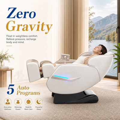 Fauteuil de massage complet YJ-V9Z blanc crème, Ebern Designs, en similicuir, position zéro gravité, chauffant, compact et sans assemblage requis. Fauteuil de massage inclinable YITOUCH V9Z 5D avec chauffage, Bluetooth et commande vocale.