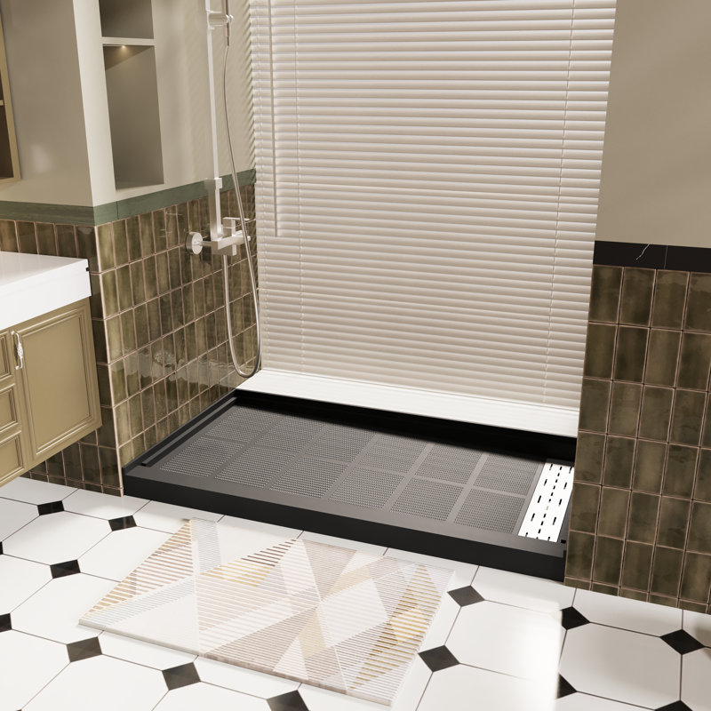 Base de douche monobloc blanche durable en 60 po x 34 po avec surface antidérapante et bonde intégrée, Noir mat, Oui