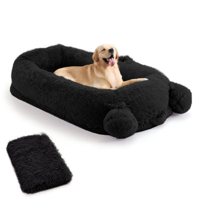 Lit pour chien humain, lit confortable pour adultes et animaux de compagnie, lit pour homme en fausse fourrure lavable, lit pour chien géant en mousse à mémoire de forme avec couverture souple, oreiller et ceinture de rangement, noir