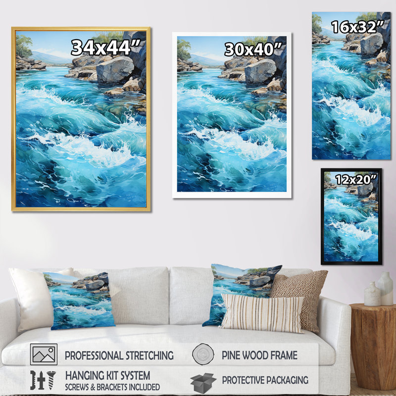 «River Flowing Waters», art mural sur toile, Cadre simple noir, H 40 po x l 30 po x P 1,5 po
