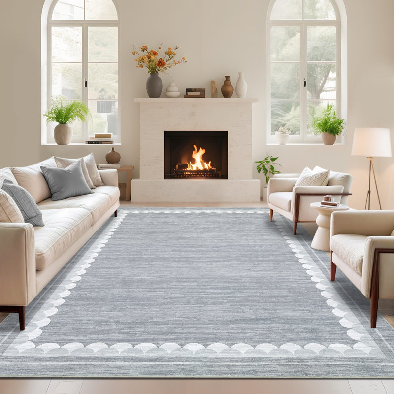 Contemporary Washable Rugs Low Pile Non Slip Soft Stain Resistant Modern Border Carpet Foldable Floor Mats, Rectangle 5' x 7'