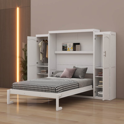 Queen Size Murphy Bed With 2 Wardrobe And Storage Shelf, Multifunctional Foldable Platform Bedframe For Guest-Room