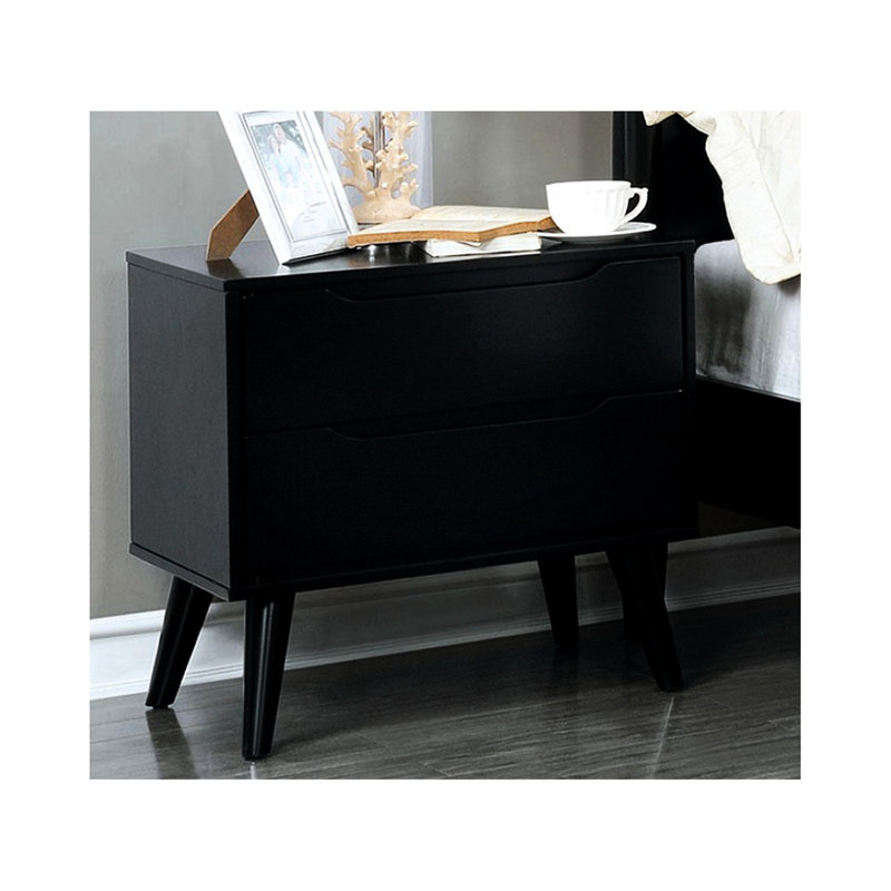 Table de chevet Mid-Century moderne en bois d'hévéa noir avec 2 tiroirs, pieds inclinés et poignées de tiroir encastrées pour la table de chevet de la chambre à coucher, 2 tables de chevet rondes effilées