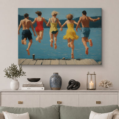 Vintage Summer Lake Jump Scene Artwork, Family Room Pictures, Framed Canvas Giclee Print Wall Art