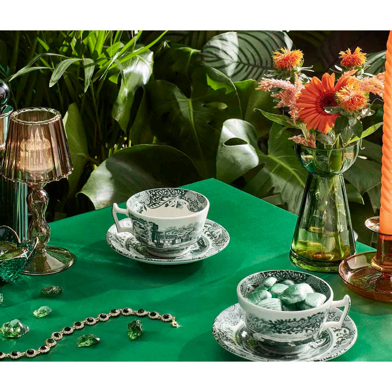 Heritage Green Italian 7 Oz. Teacups & Saucers, Set of 4
