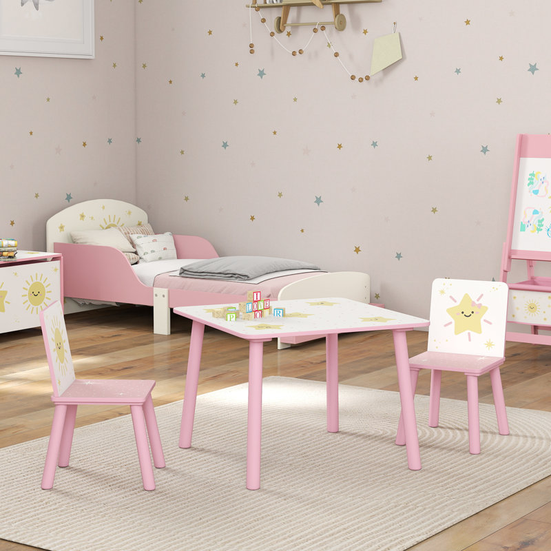AIYAPLAY 3-Piece Kids Table and Chair Sets with 2 Chairs Star Pattern Pink