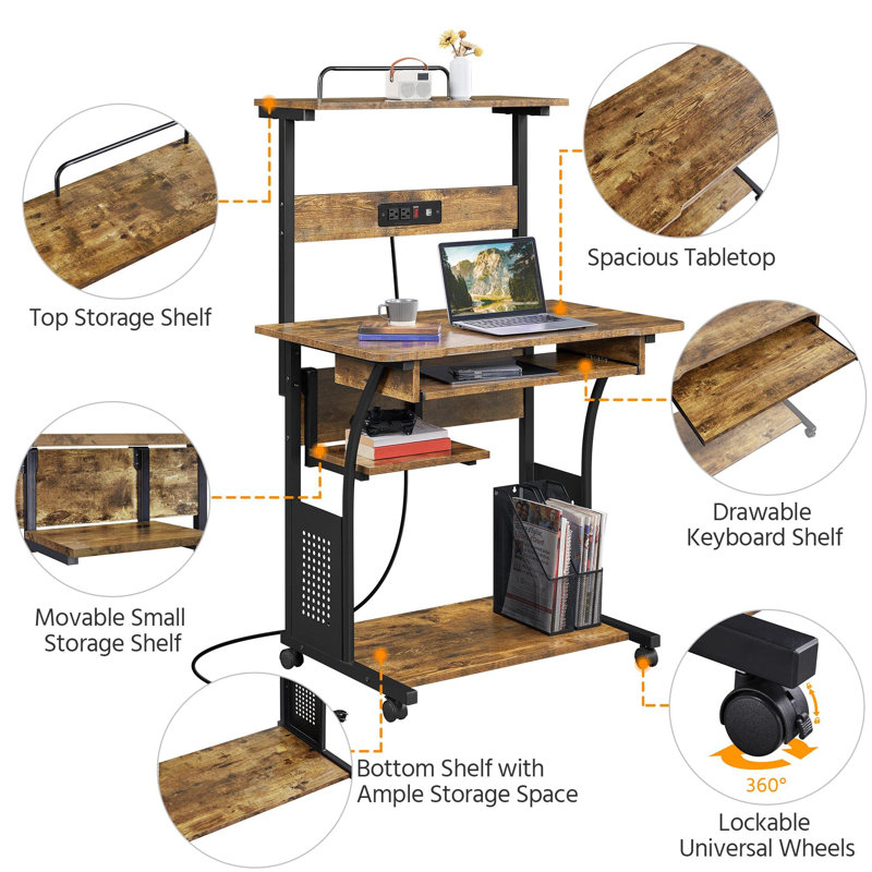 3-Tier Rolling Computer Desk with Charging Station, USB Ports, and Keyboard Tray for Home Office, Rustic Brown/Black