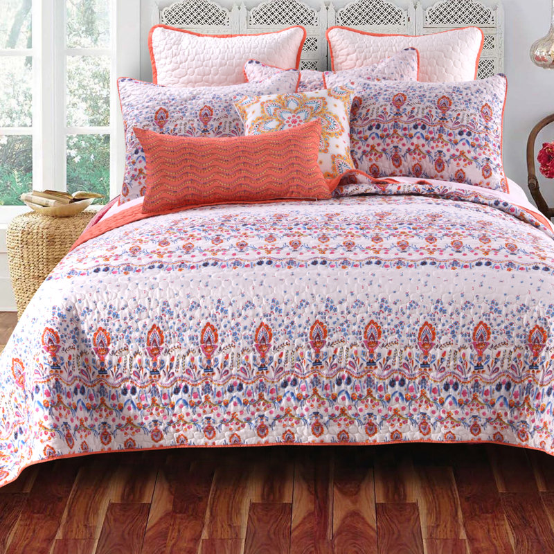King Size Blue and Coral Microfiber Reversible Quilt Set