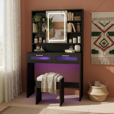 35.5" Black Modern Vanity Table With Led Mirror And Charging Station, 6 Storage Shelves