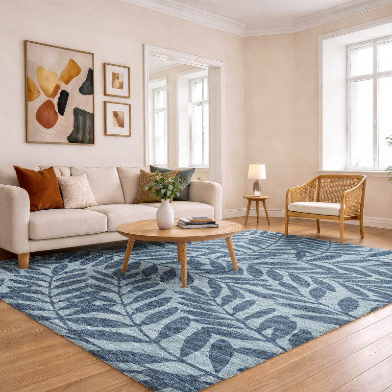 Tapis à feuilles tropicales de qualité supérieure lavable à la machine de qualité supérieure ADS111, Bleu, 9 pi x 12 pi
