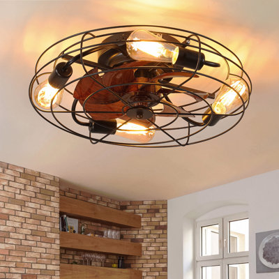 Ventilateur de plafond en cage avec lumière, ventilateurs de plafond à profil bas de ferme de 20 po avec télécommande, ventilateurs de plafond 4X E26 fermés modernes avec moteur réversible, cuisine pour chambre à coucher, noir