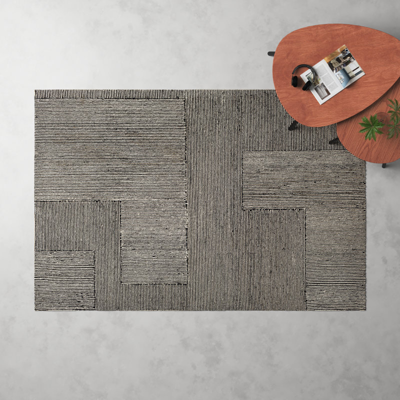 Peeta Geometric Hand-Tufted Wool Black/Ivory Area Rug, Rectangle 6' x 9'