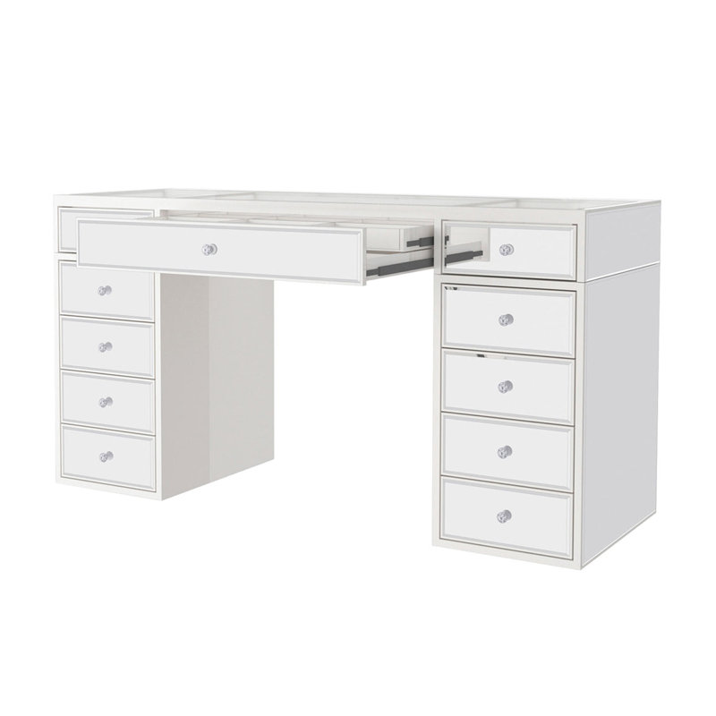 SlayStation Luxe Premium Mirrored Vanity Table with 4 Drawers, Clear view glass top, Crystal Lux Drawer Knobs