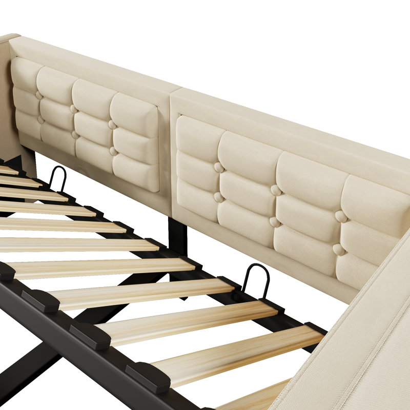 Upholstered Twin Size Daybed, Hydraulic Storage Twin Bed Frame with USB & Type-C Charging, Bed Frame with Wooden Slats and Tufted Sofa Back, Beige, Velvet (Without Mattress)