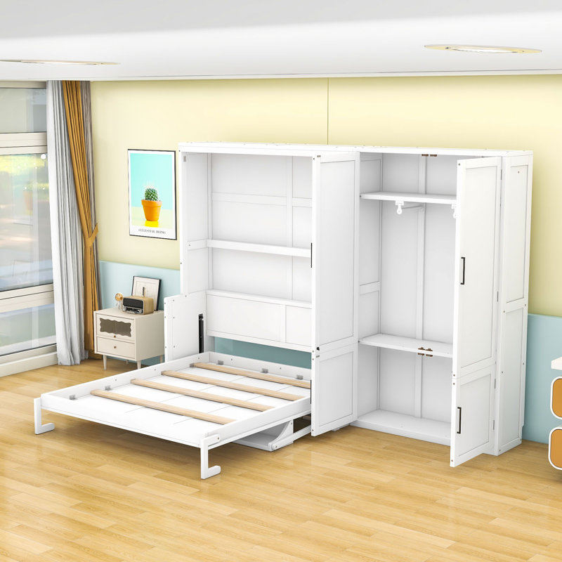 Grand lit escamotable en bois avec tablettes, Blanc