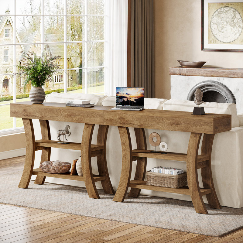 41" Console Table With Storage Shelves And Curved Frame, Oak Brown
