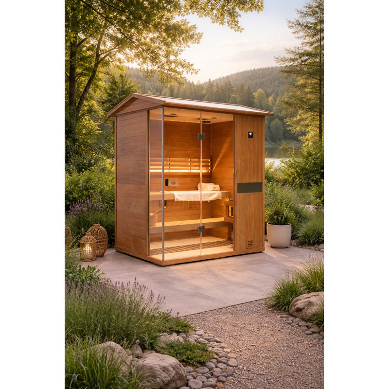 Samsora Outdoor Traditional Steam Sauna For 3-Person 3800W, Mid-Infrared Lamp, 95℉-230℉, Mahogany Wood, Built-In Bluetooth Speaker, Includes Sauna Heater and Sauna Stone, Negative Ion Board