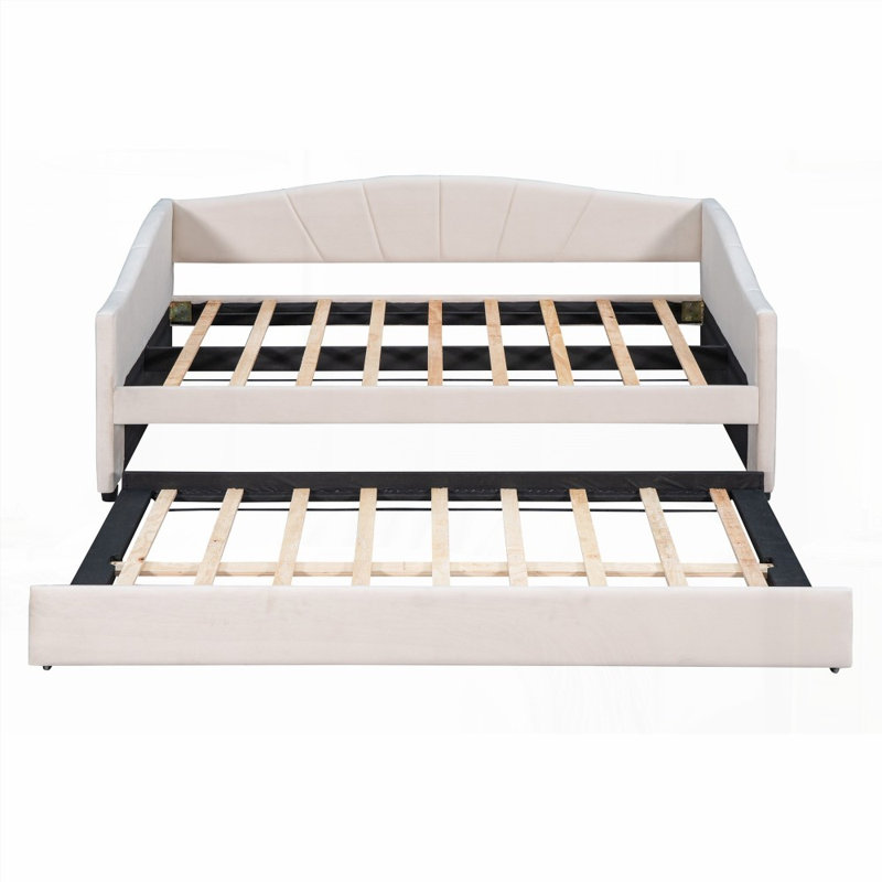 Lit de jour simple rembourré avec canapé-lit et lit gigogne Lattes en bois, aucun sommier requis, durable, Beige