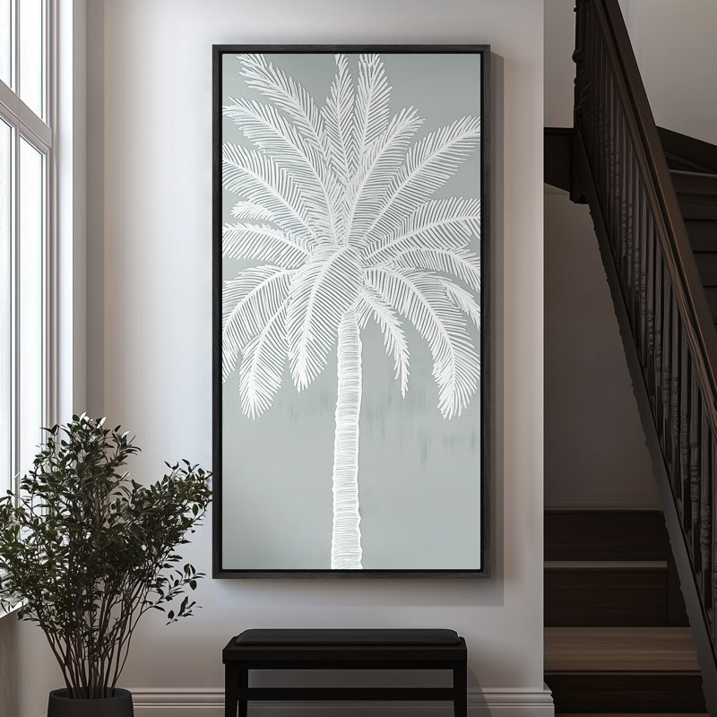 Silhouette de palmier blanc sur fond bleu pâle brumeux - grande impression sur toile encadrée dans la chambre principale