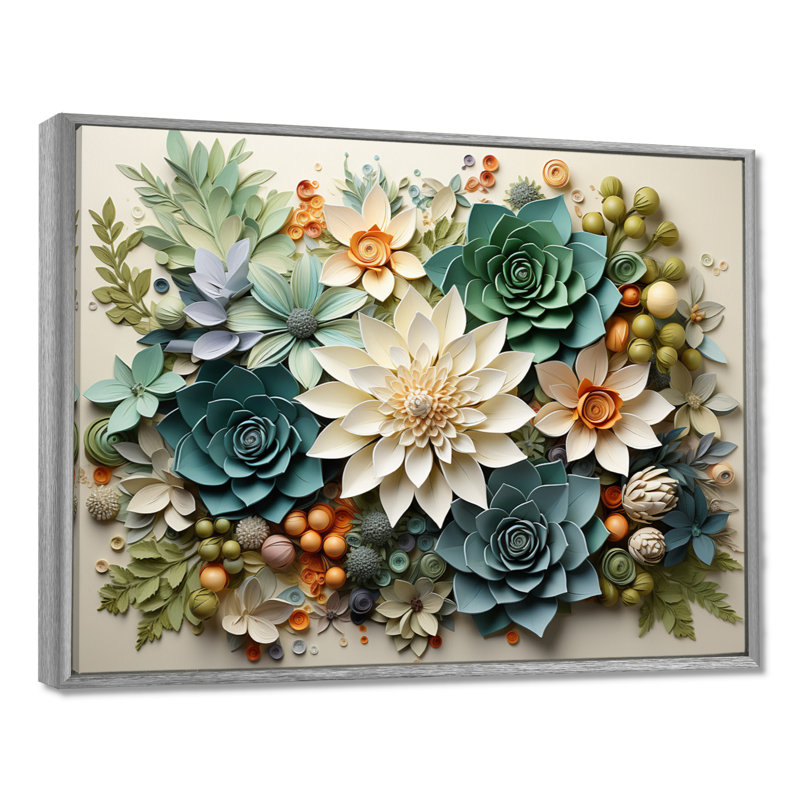 Plantes vertes succulentes sereines - Art mural, H 12 po x l 20 po x P 1 po, Reproduction avec cadre flottant, Argent argent