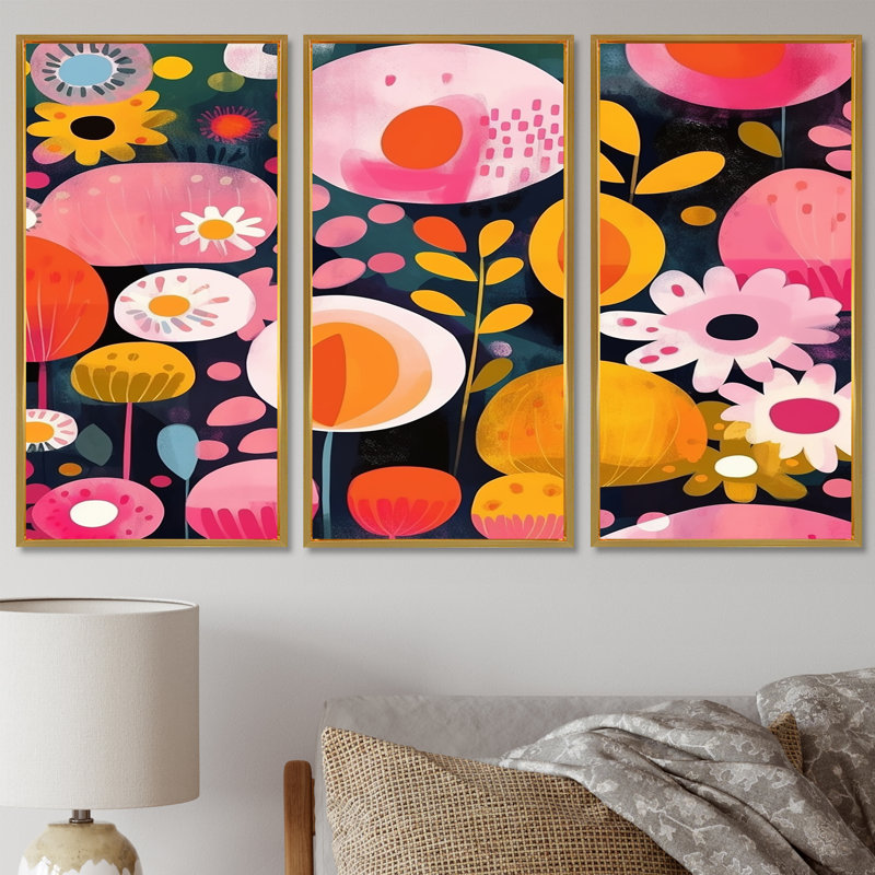 Illustration de fleur rétro ludique - ensemble d'art mural botanique, Cadre flottant doré, H 28 po x l 36 po x P 1 po