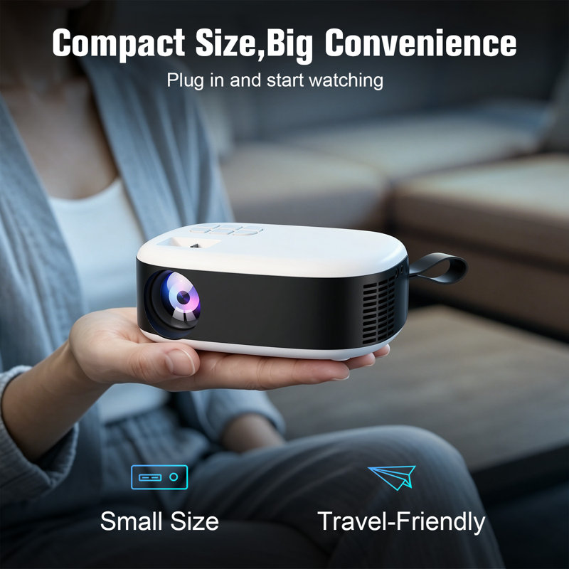 Mini projecteur pour iPhone, projecteur intelligent portable avec trépied, compatible Full HD 1080p, rotation à 360°, idéal pour la chambre ou l'extérieur. Compatible HDMI/USB/clé TV/ordinateur portable.