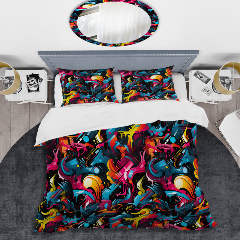 Popart Neon Graffiti Fusion IV - Ensemble de housse de couette géométrique, Housse de couette pour grand lit et 2 taies décor