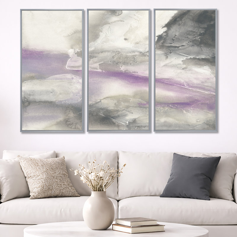 «Watercolor Minimal Purple Tones I», ensemble d'art mural sur toile encadré de ferme, H 40 po x l 60 po, Argent argent