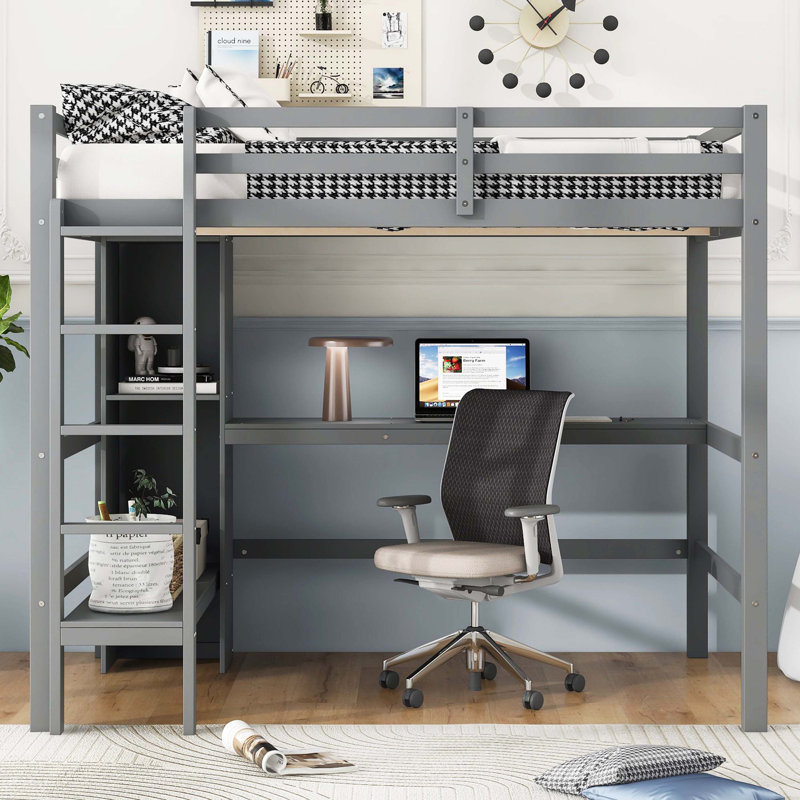 Lit mezzanine double avec tablettes multifonctionnelles et bureau sous le lit, gris