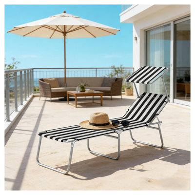 Chaise longue portative pliante portable avec auvent réglable détachable, chaise longue en tissu Oxford noir et blanc pour patio, piscine et plage