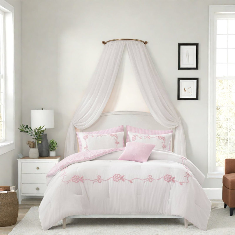 Pink Full Queen Bedding Sets, Soft Microfiber Floral Bow Comforter for Girls
