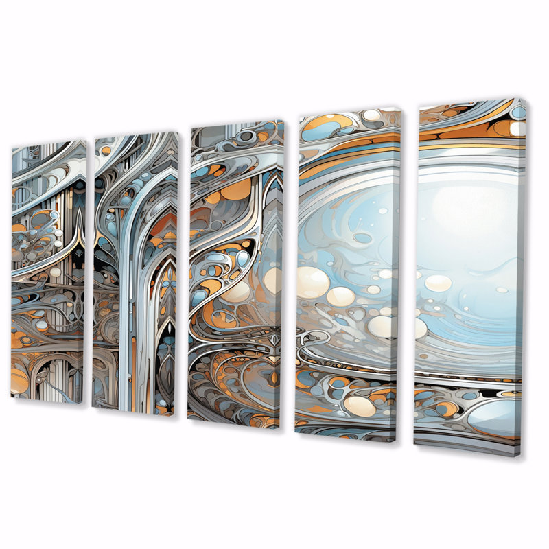 Tendre tourbillon floral bleu clair - décoration murale spirales abstraites - 5 panneaux égaux