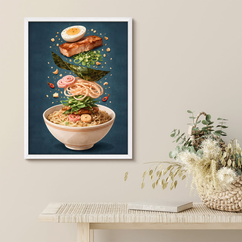 Floating Ramen Ingredients Illustration Framed Wall Art Prints - Modern Kitchen Decor, Blanc, H 16 po x l 12 po