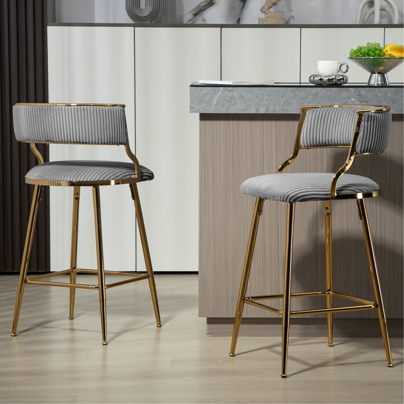 Two Pieces Bar Stools With Chromed Base And Footrest, Gray