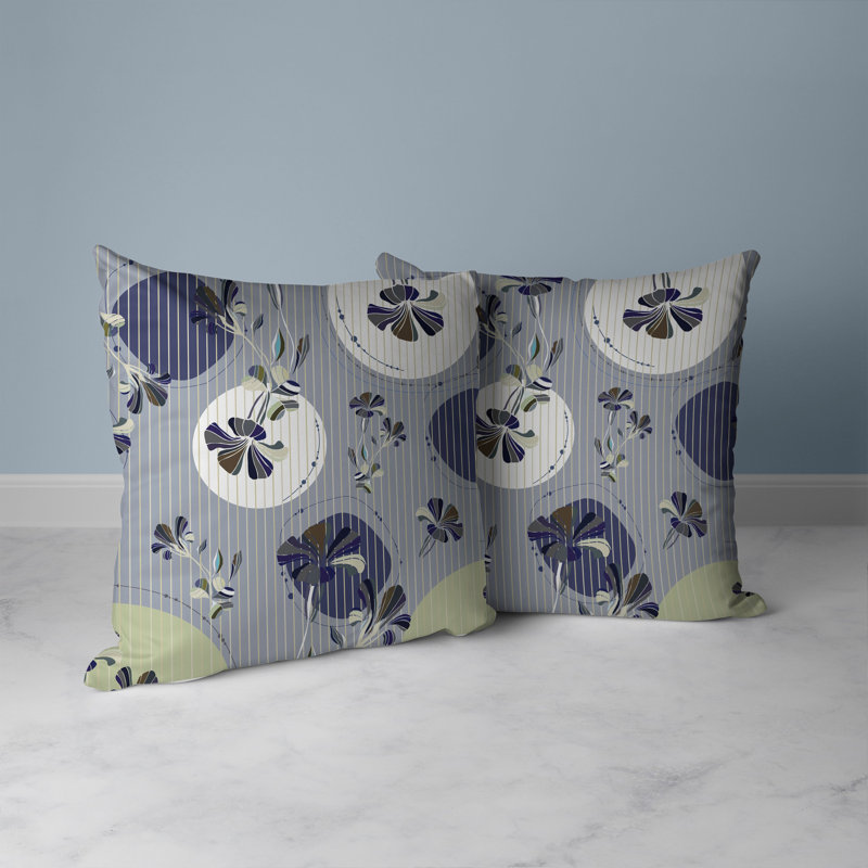 Blue and Gray Floral Reversible Square Throw Pillow
