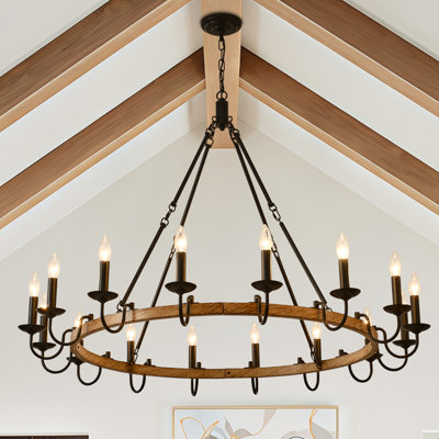 Lustre rustique en forme de roue de chariot à 16 lumières, métal noir campagnard et bois suspendu