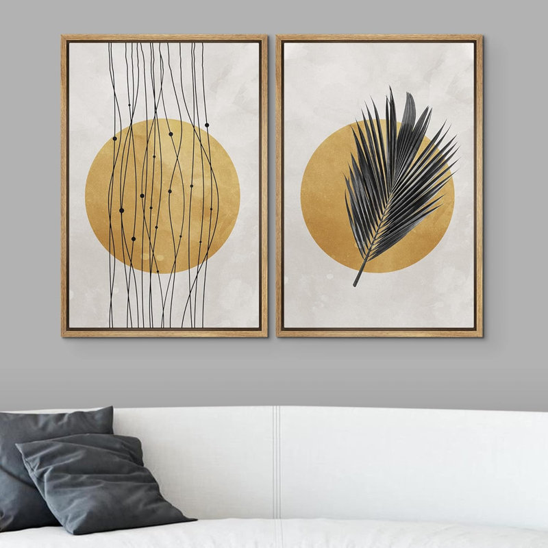Minimal feuille tropicale et soleil doré, nature sauvage, art moderne, rustique, détente, calme, sombre, 2 pièces, Naturel