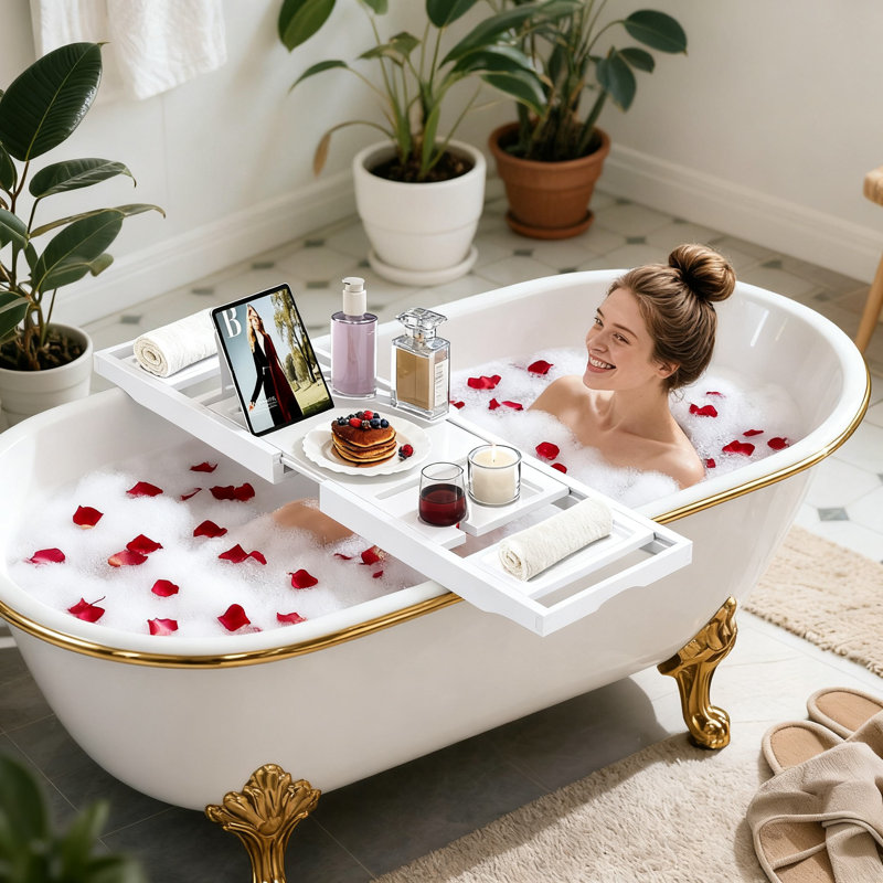 Plateau de baignoire extensible, accessoires de salle de bain pliables, (blanc), White