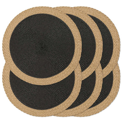 Ensemble de napperons ronds tressés de 6 napperons 15 pouces lavables résistants à la chaleur pour les tables de salle à manger antidérapantes pour l'intérieur et l'extérieur (noir à bord large 6)