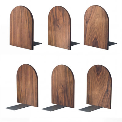 6‑Pack Large Walnut‑Grain Bookends, Wooden Book Stoppers with Heavy‑Duty Iron Base, Non‑Slip Decorative Book Holders for Shelves, Desks, Home and Office Storage