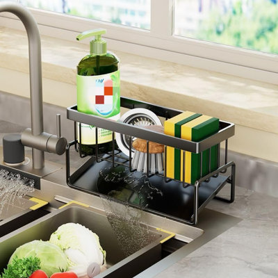 Stainless Steel Kitchen Sink Caddy With Drain Tray - Rustproof Sponge Holder & Dish Soap Organizer For Countertop, Compact Sink Organizer For Kitchen Or Bathroom