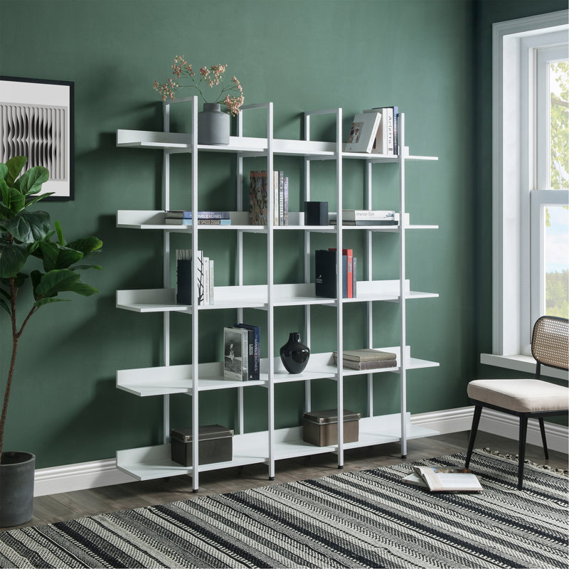 Bibliothèque à 5 niveaux avec bureau ouvert, tablette de style industriel rétro avec structure en métal, Blanc