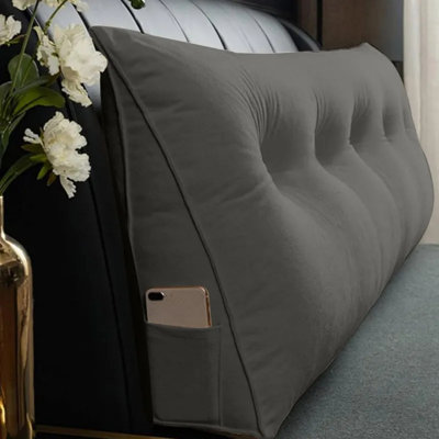 Coussin triangulaire avec garniture capitonnée, poches latérales, coussin de lecture, gris
