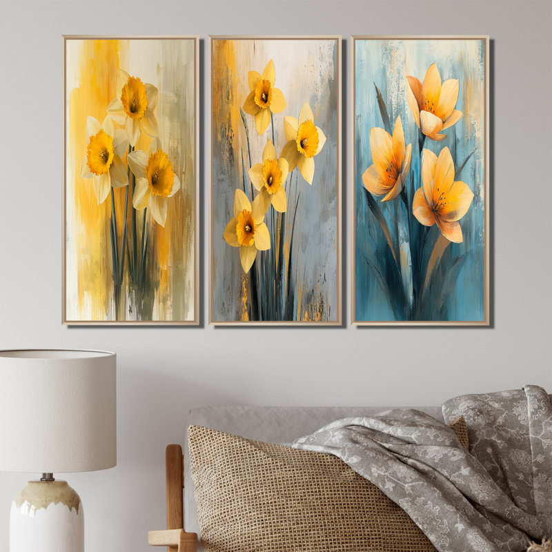 Silencieux jonquille minimaliste fleurs I - Collection d'art mural jonquilles, Crème, crème, H 32 po x l 48 po
