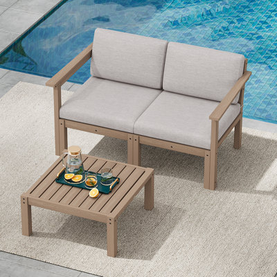 Ensemble de conversation modulaire de patio pour 2 personnes avec coussins, ensemble de conversation 3 pièces imperméable toutes saisons pour canapé, teck