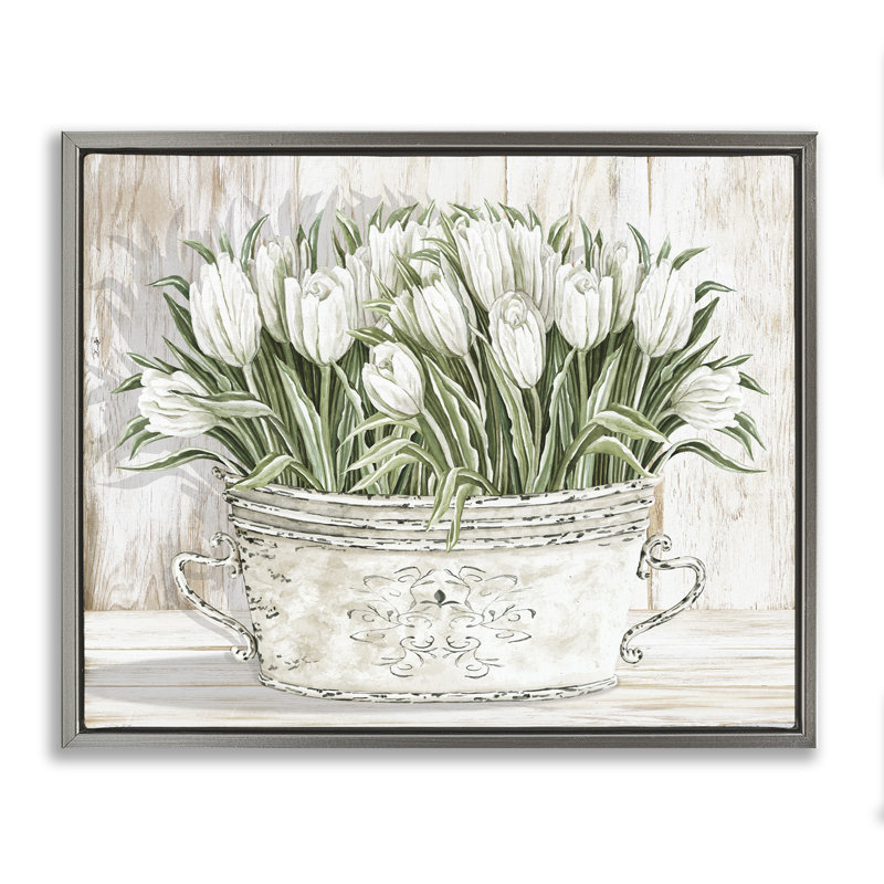 Fleurs fraîches de tulipes blanches rétro, Cadre flottant gris lustré, H 25 po x l 31 po